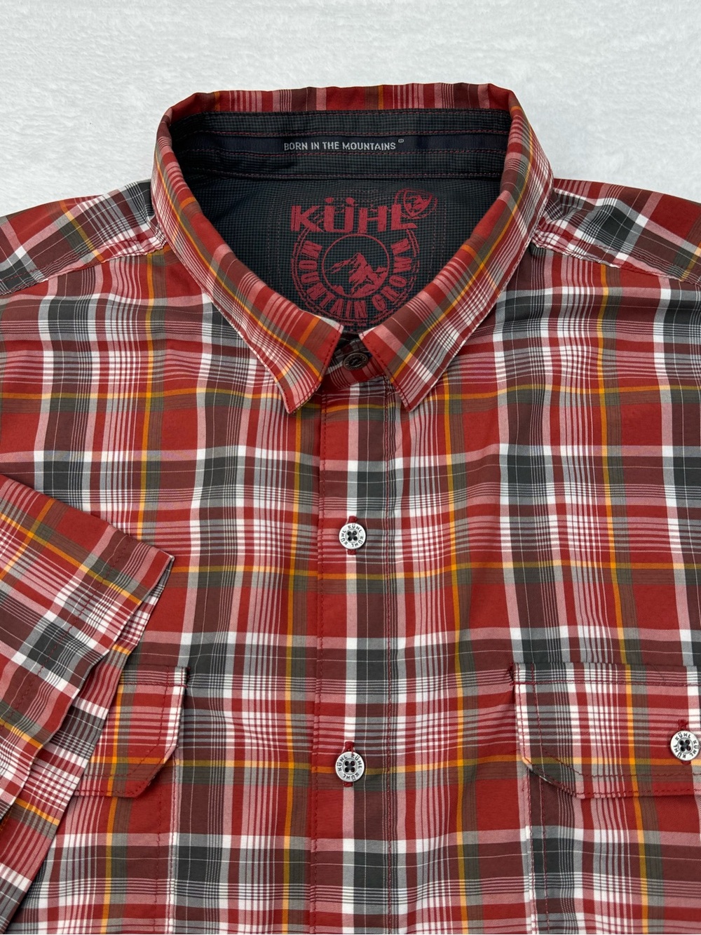 KUHL Eluxur Men's XXL Short Sleeve Button Down Grey Red Orange Outdoor Gorpcore